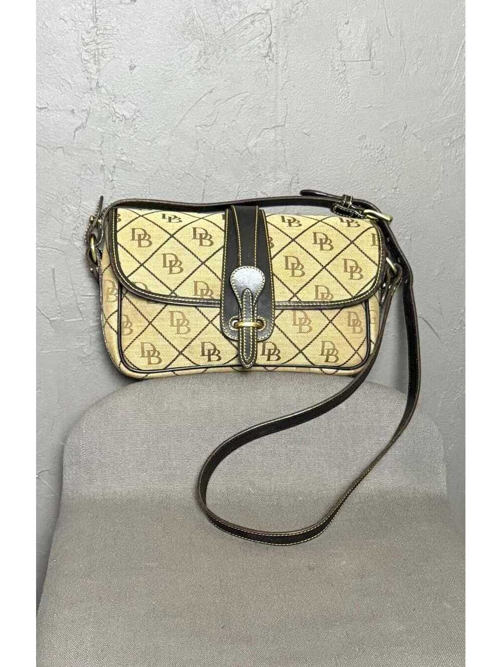 Y2K Dooney & Bourke Jacquard Logo Equestrian Bag Beige with Dark Brown Leather